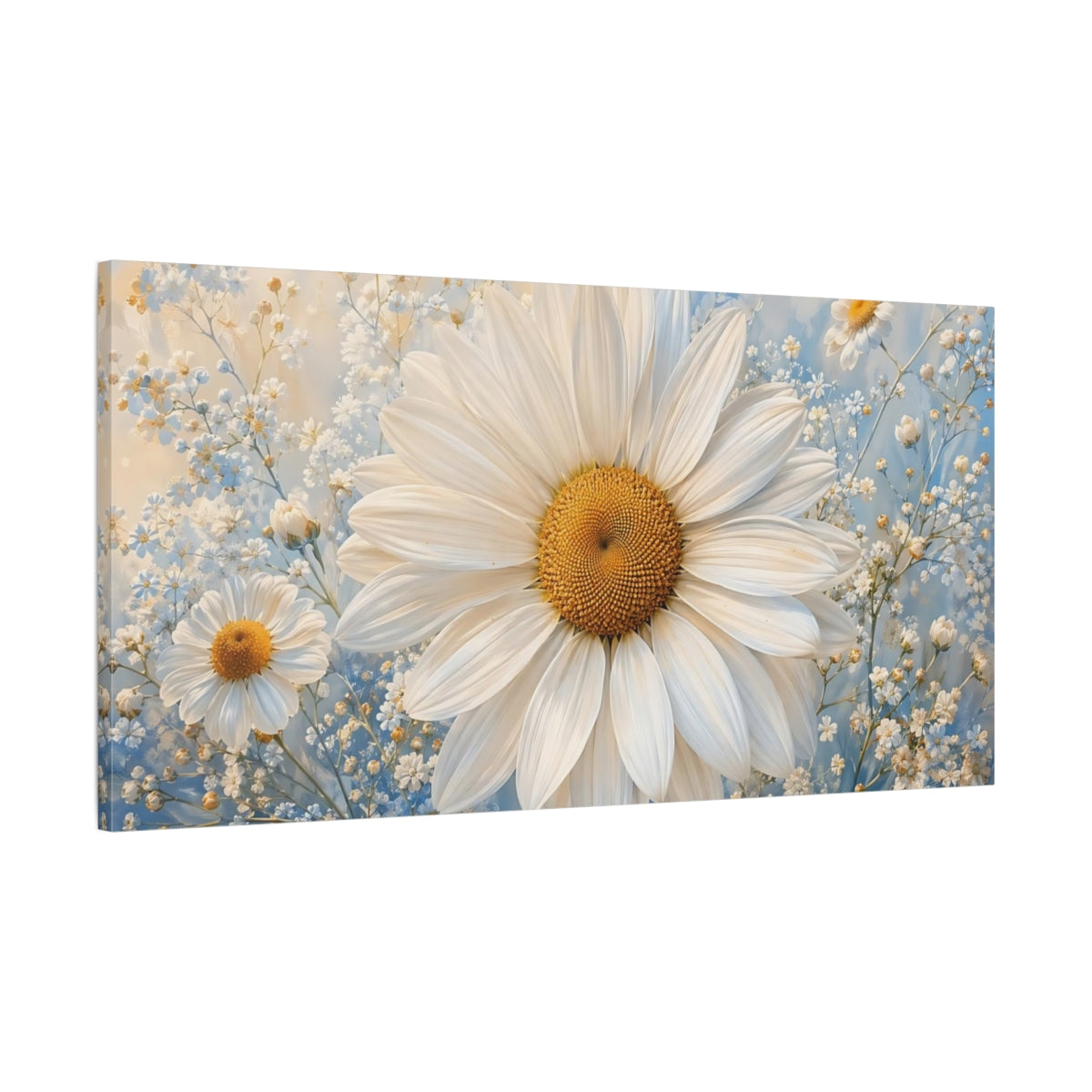 Main Mockup. Floral Daisy White Daisy Blue shown as stretched canvas wall art