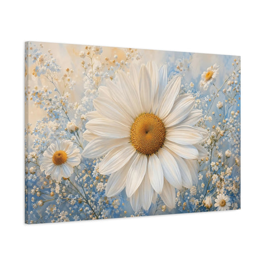 Main Mockup. Floral Daisy White Daisy Blue shown as stretched canvas wall art