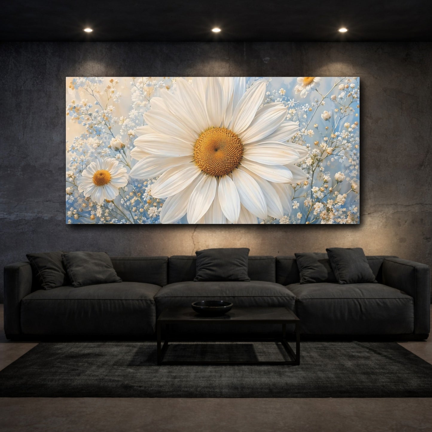 Mockup 2. Floral Daisy White Daisy Blue shown as stretched canvas wall art