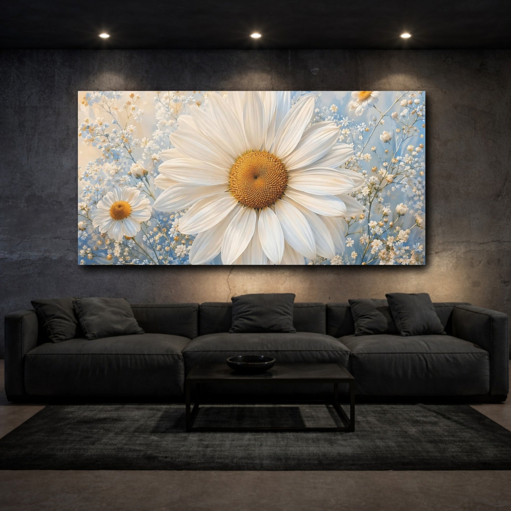 Mockup 2. Floral Daisy White Daisy Blue shown as stretched canvas wall art
