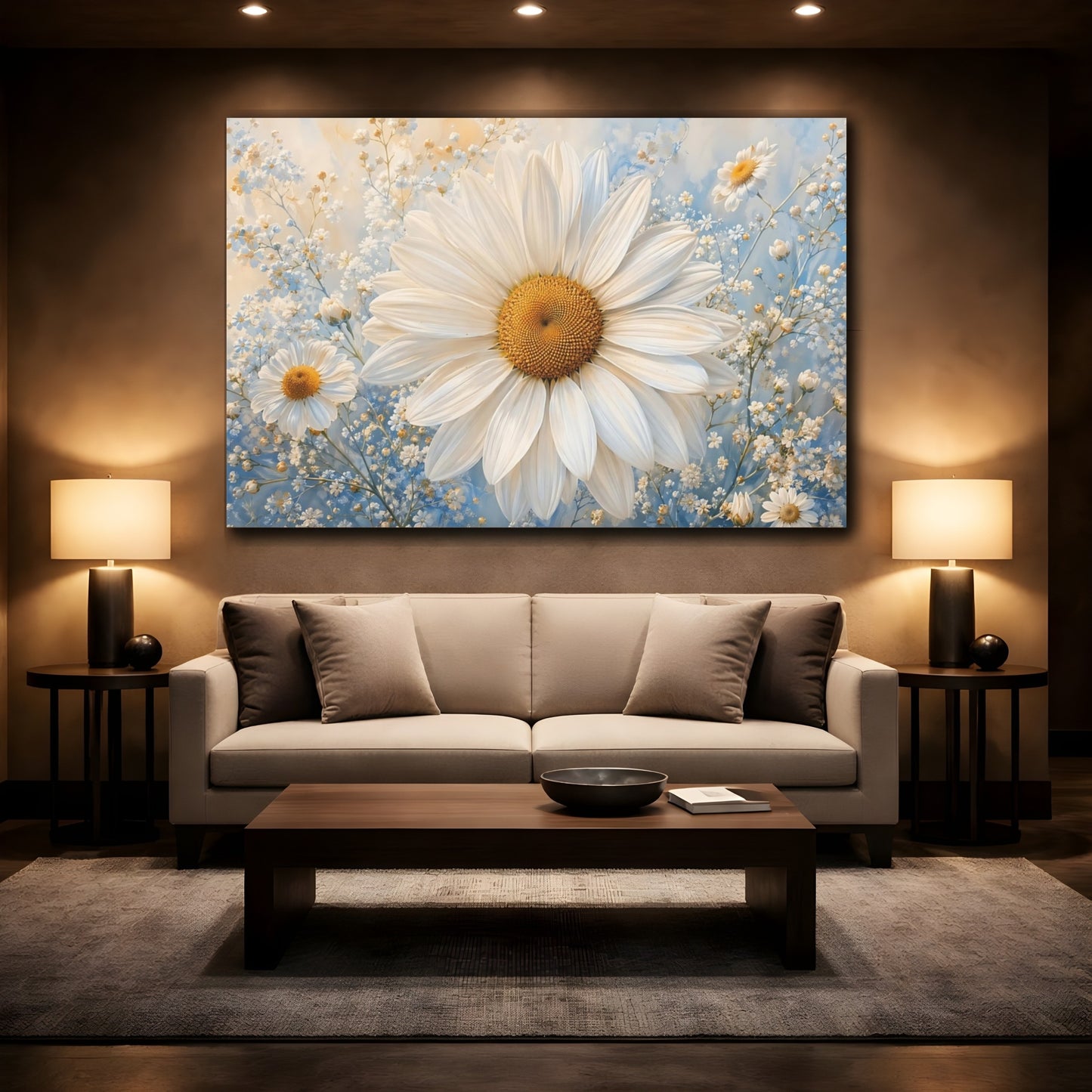 Mockup 2. Floral Daisy White Daisy Blue shown as stretched canvas wall art
