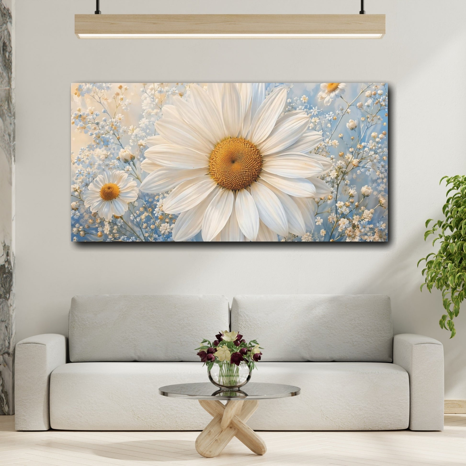 Mockup 3. Floral Daisy White Daisy Blue shown as stretched canvas wall art