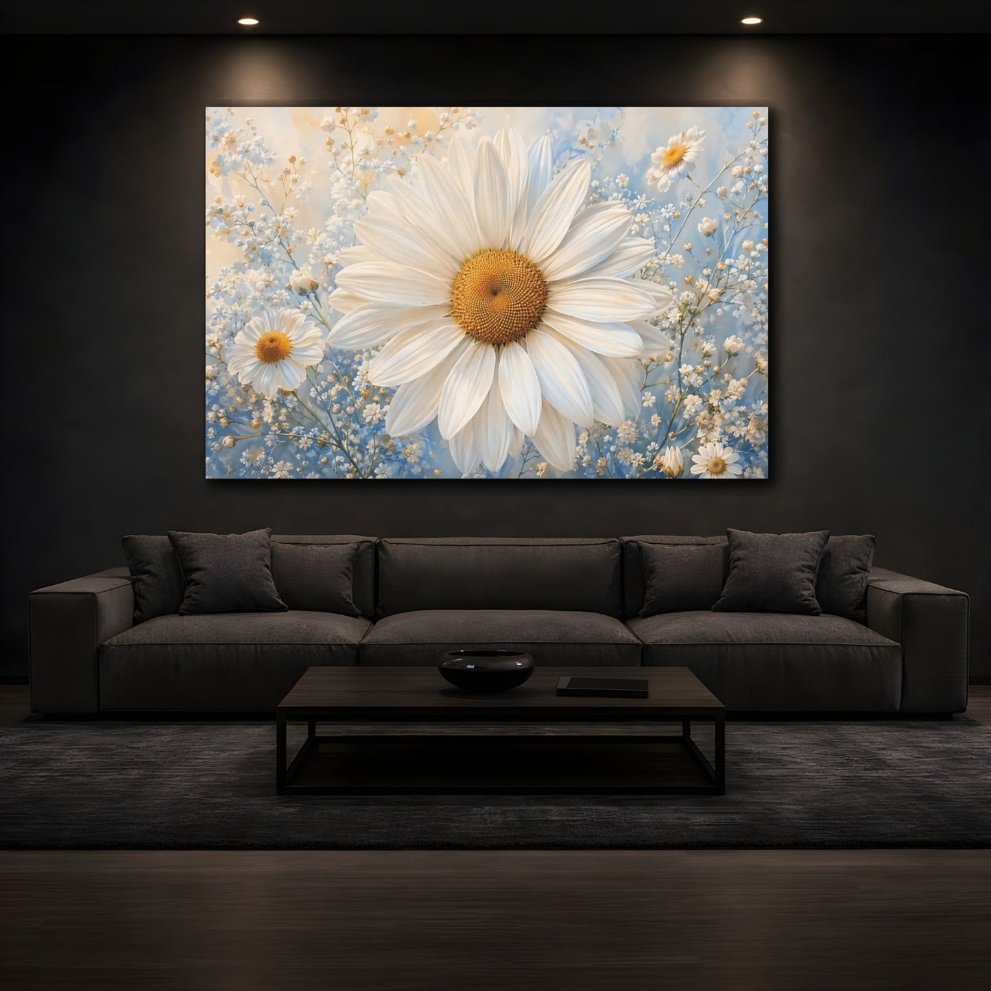 Mockup 3. Floral Daisy White Daisy Blue shown as stretched canvas wall art