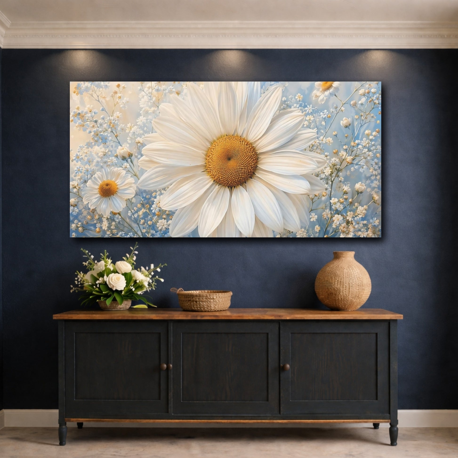 Mockup 4. Floral Daisy White Daisy Blue shown as stretched canvas wall art