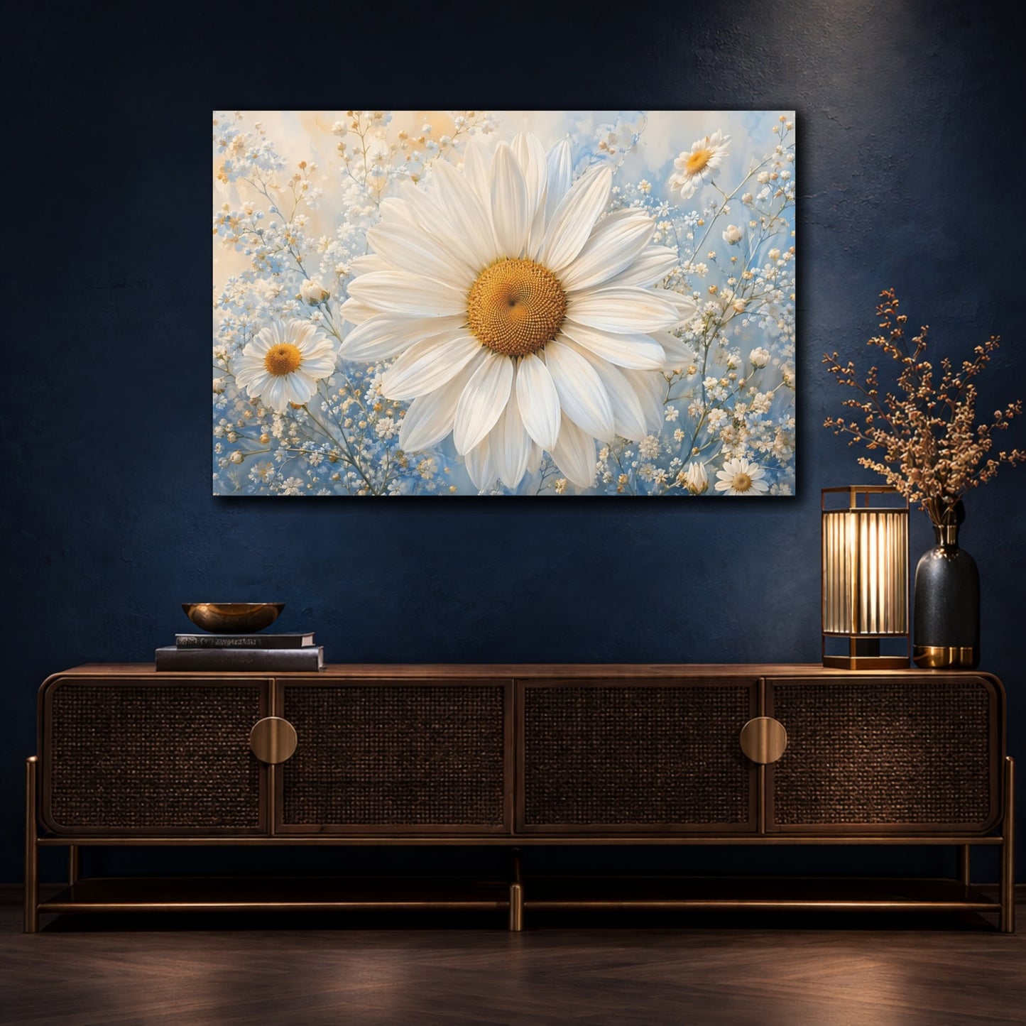 Mockup 4. Floral Daisy White Daisy Blue shown as stretched canvas wall art