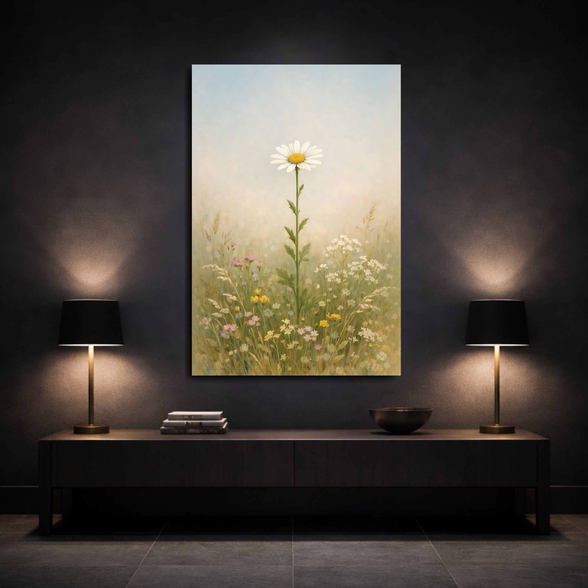 Mockup 2. Floral Daisy White Daisy Field shown as stretched canvas wall art