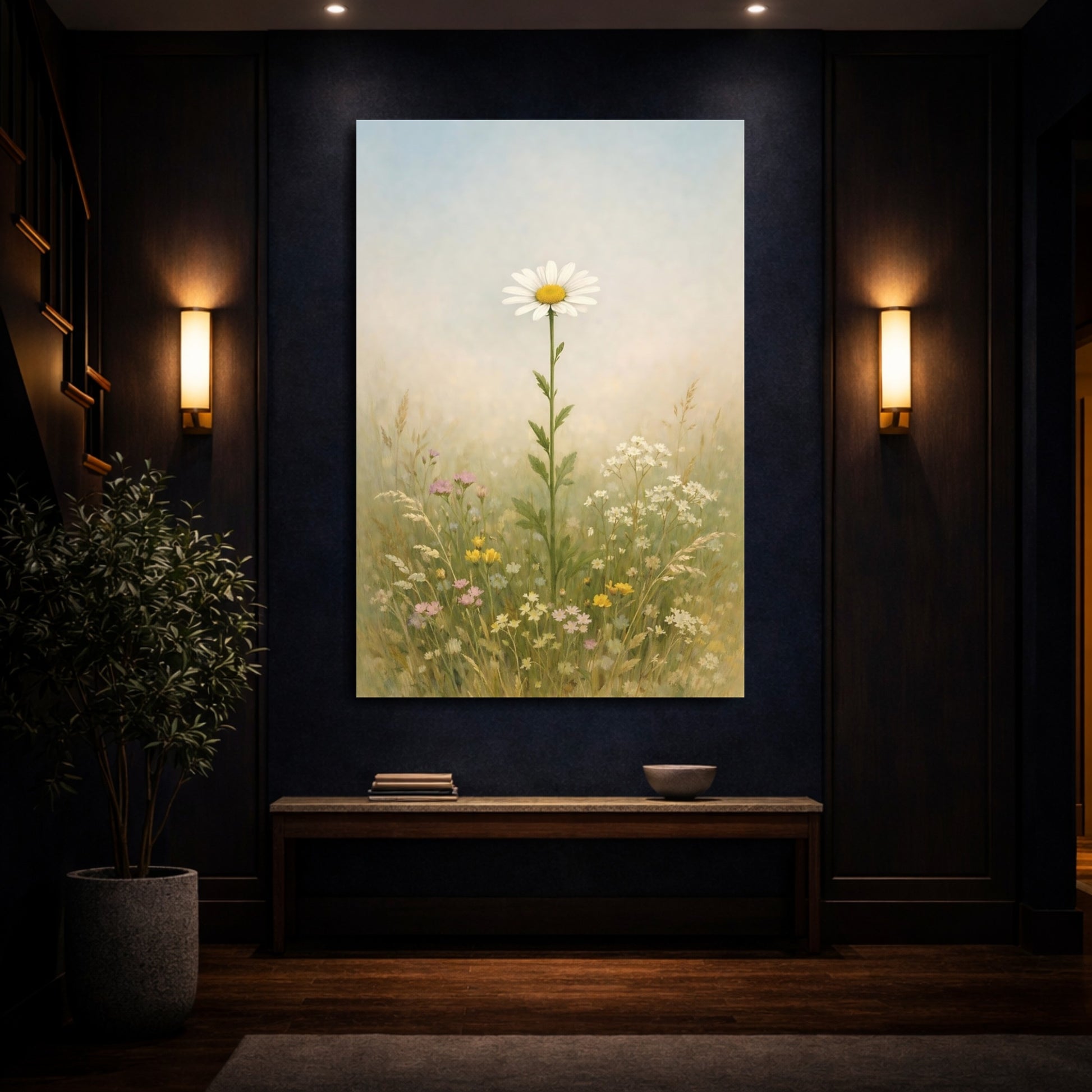 Mockup 3. Floral Daisy White Daisy Field shown as stretched canvas wall art