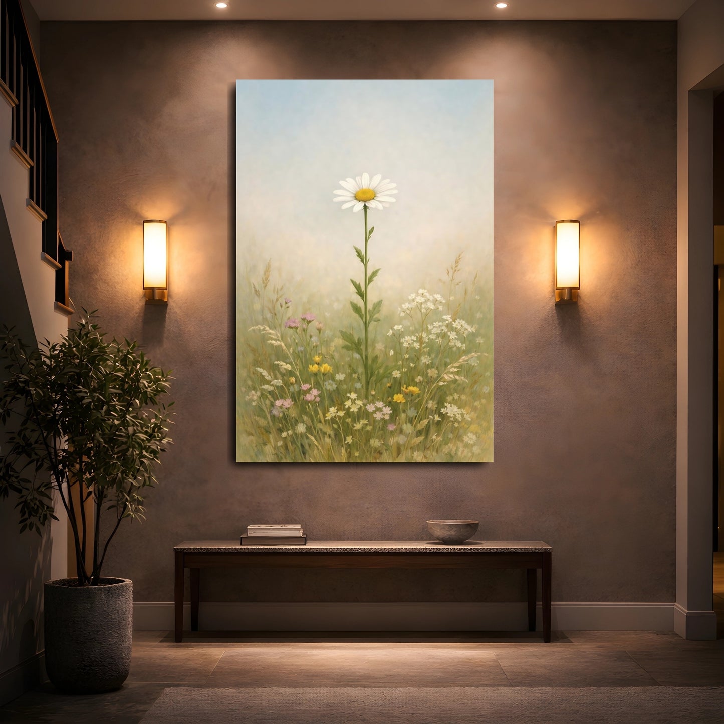 Mockup 4. Floral Daisy White Daisy Field shown as stretched canvas wall art