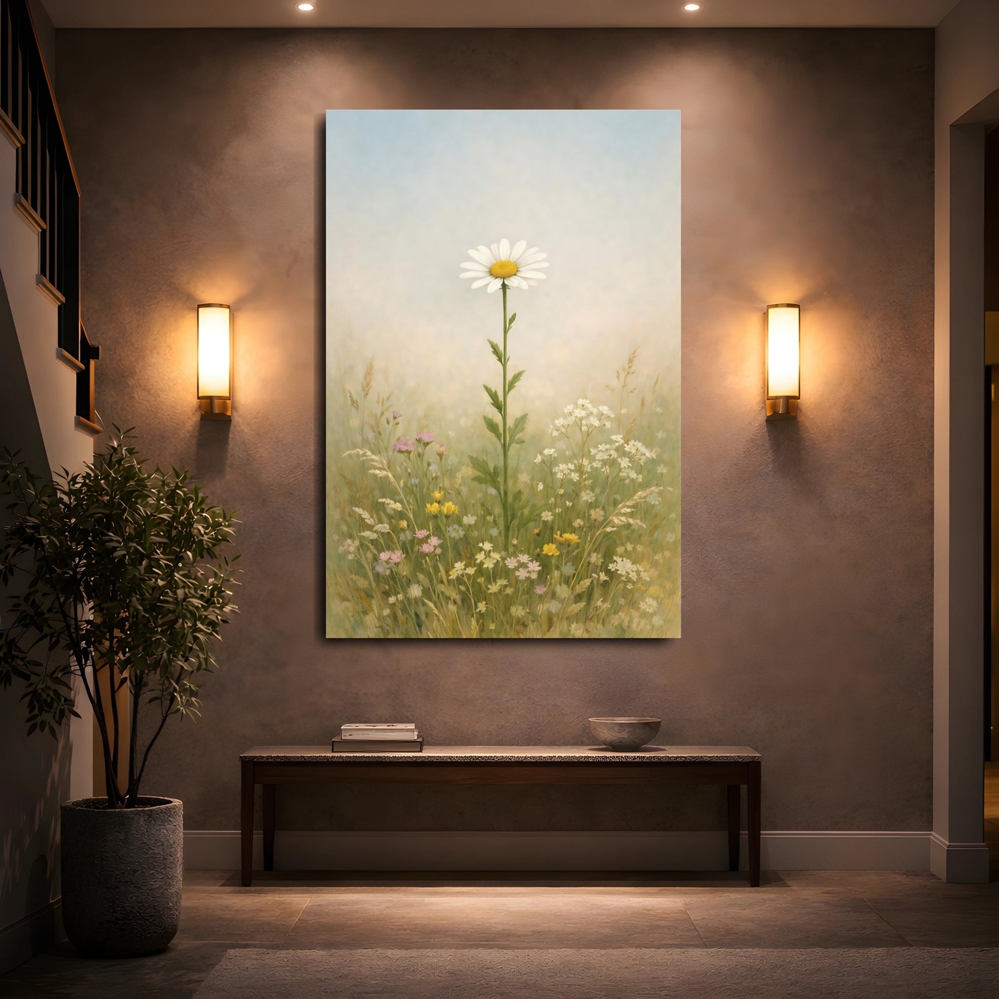 Mockup 4. Floral Daisy White Daisy Field shown as stretched canvas wall art