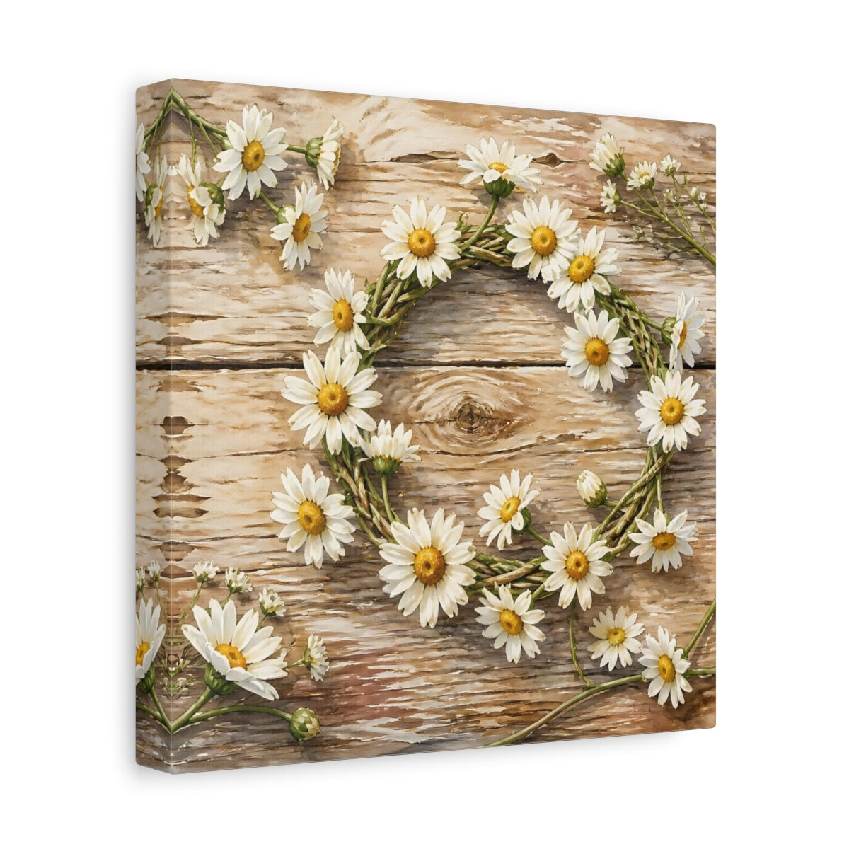 Side Mockup 9. Floral Daisy Wreath Rustic Floral shown as stretched canvas wall art