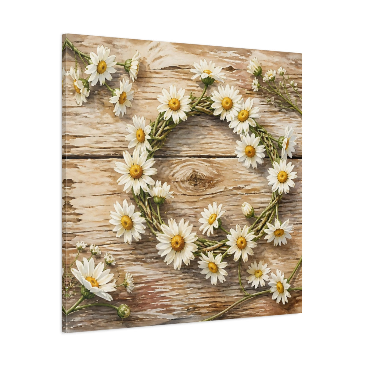 Side Mockup 1. Floral Daisy Wreath Rustic Floral shown as stretched canvas wall art
