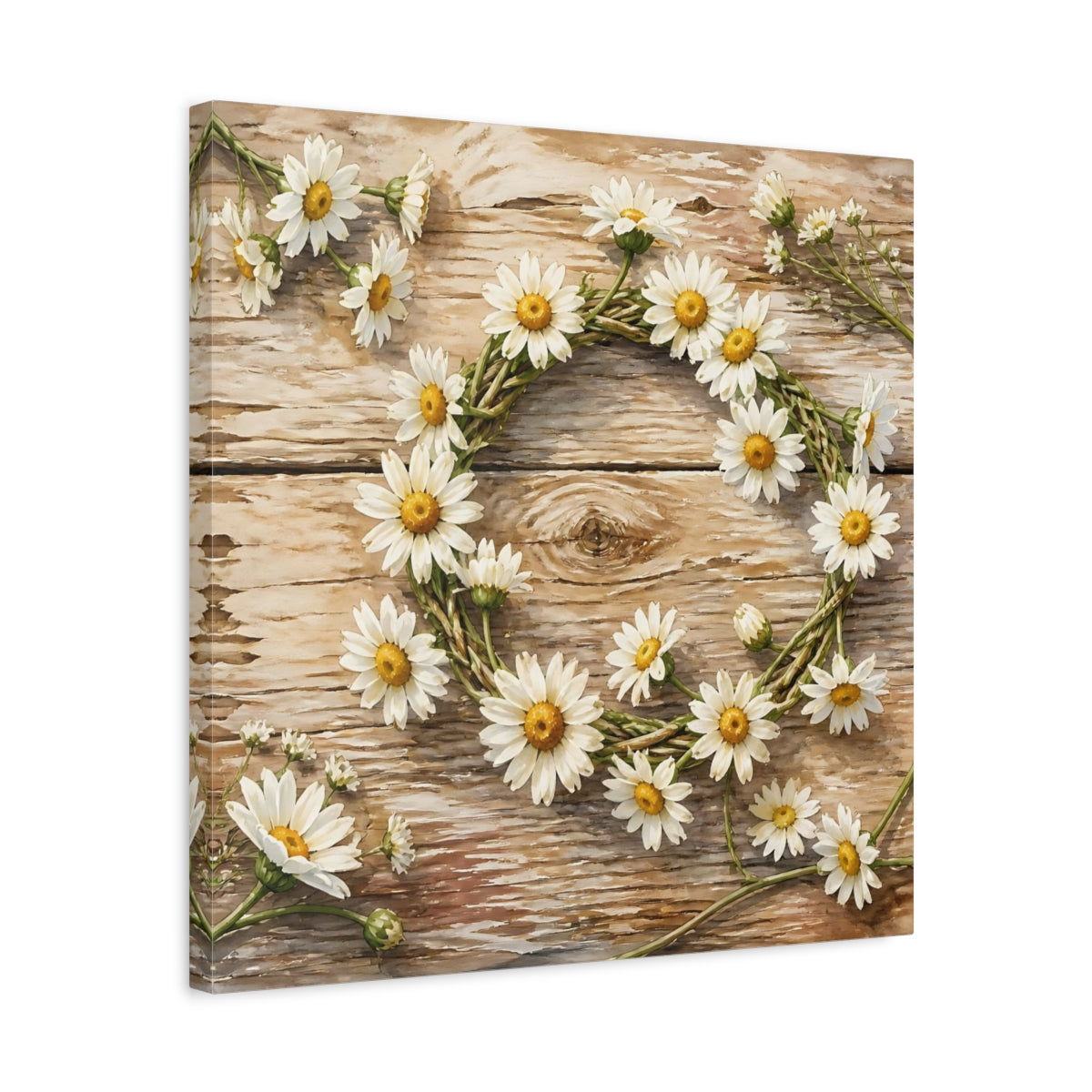 Side Mockup 5. Floral Daisy Wreath Rustic Floral shown as stretched canvas wall art