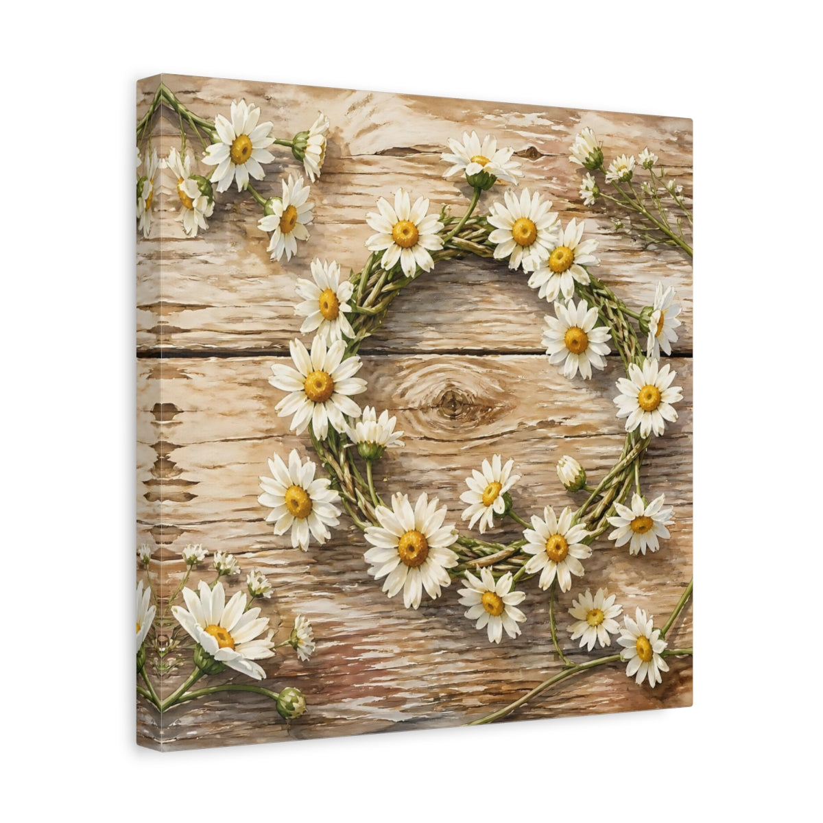 Side Mockup 7. Floral Daisy Wreath Rustic Floral shown as stretched canvas wall art