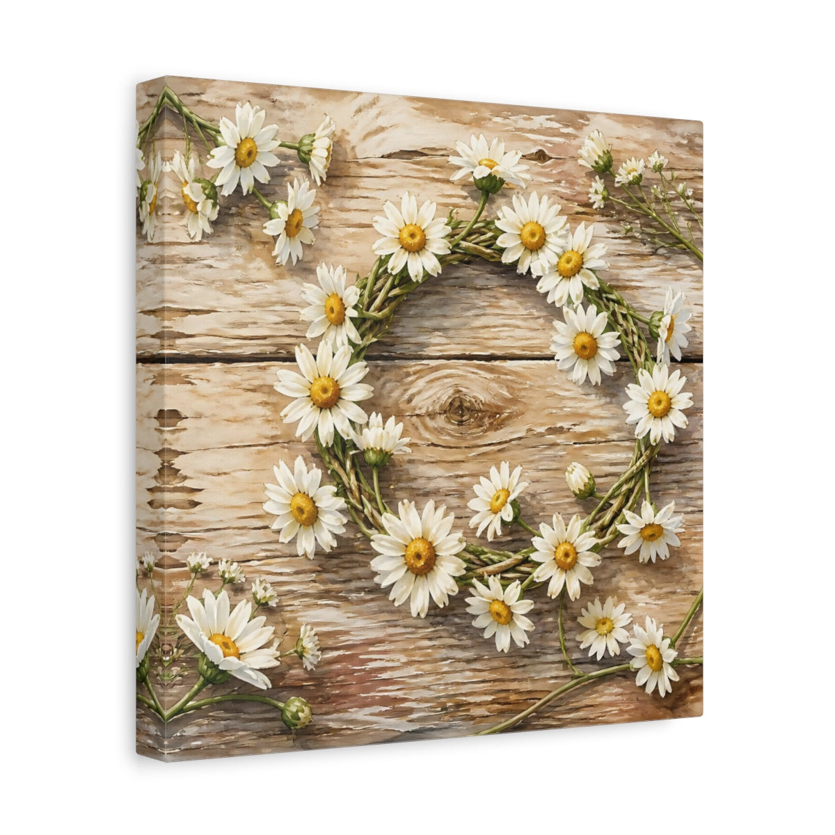Side Mockup 8. Floral Daisy Wreath Rustic Floral shown as stretched canvas wall art