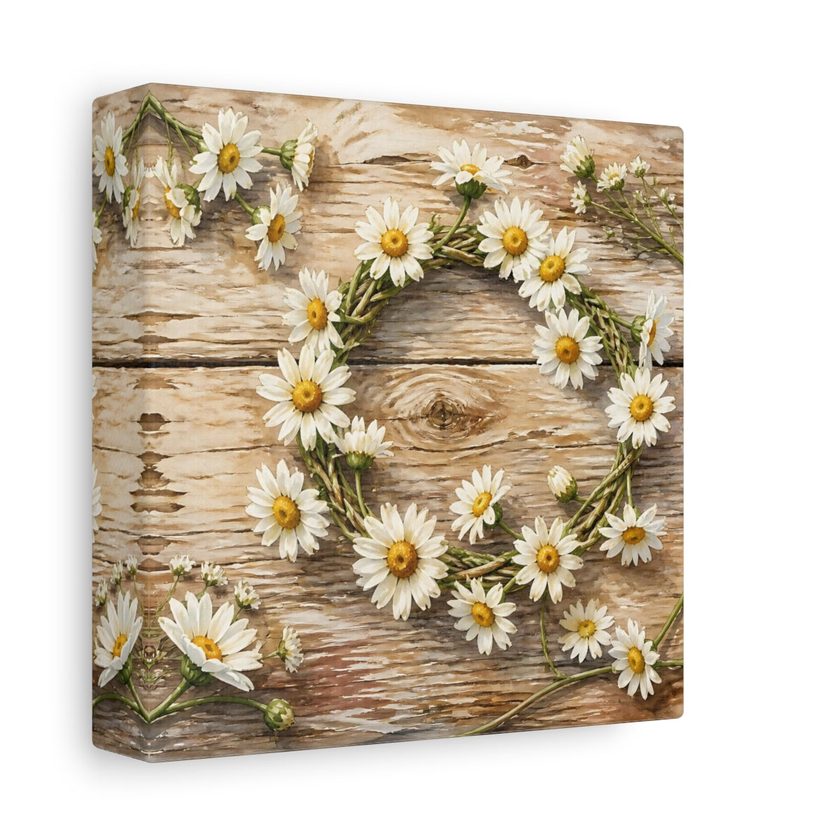 Side Mockup 2. Floral Daisy Wreath Rustic Floral shown as stretched canvas wall art