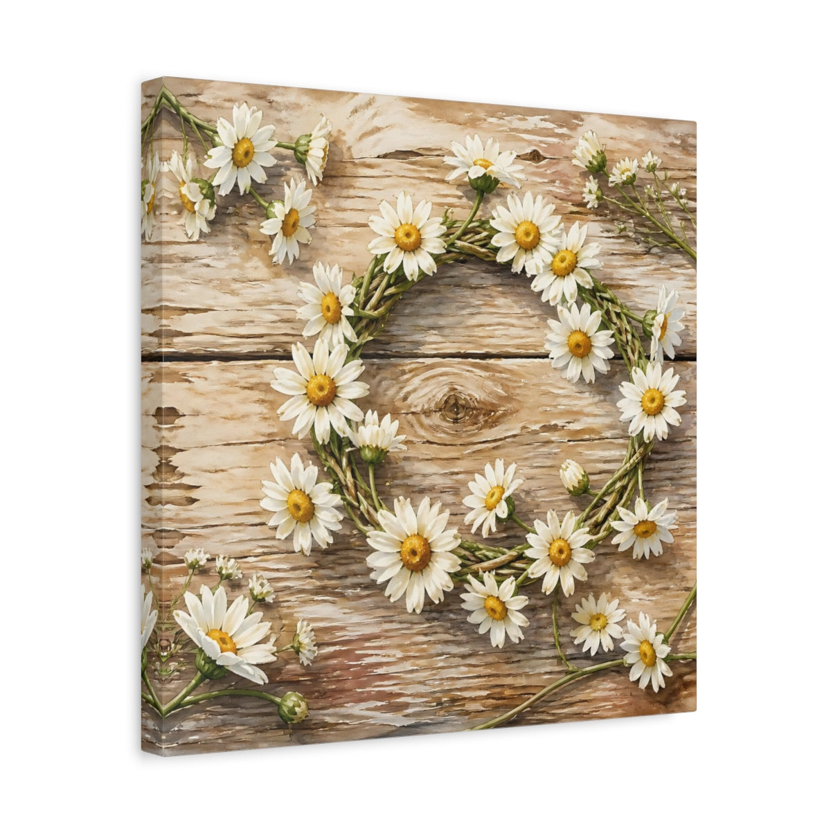 Side Mockup 6. Floral Daisy Wreath Rustic Floral shown as stretched canvas wall art