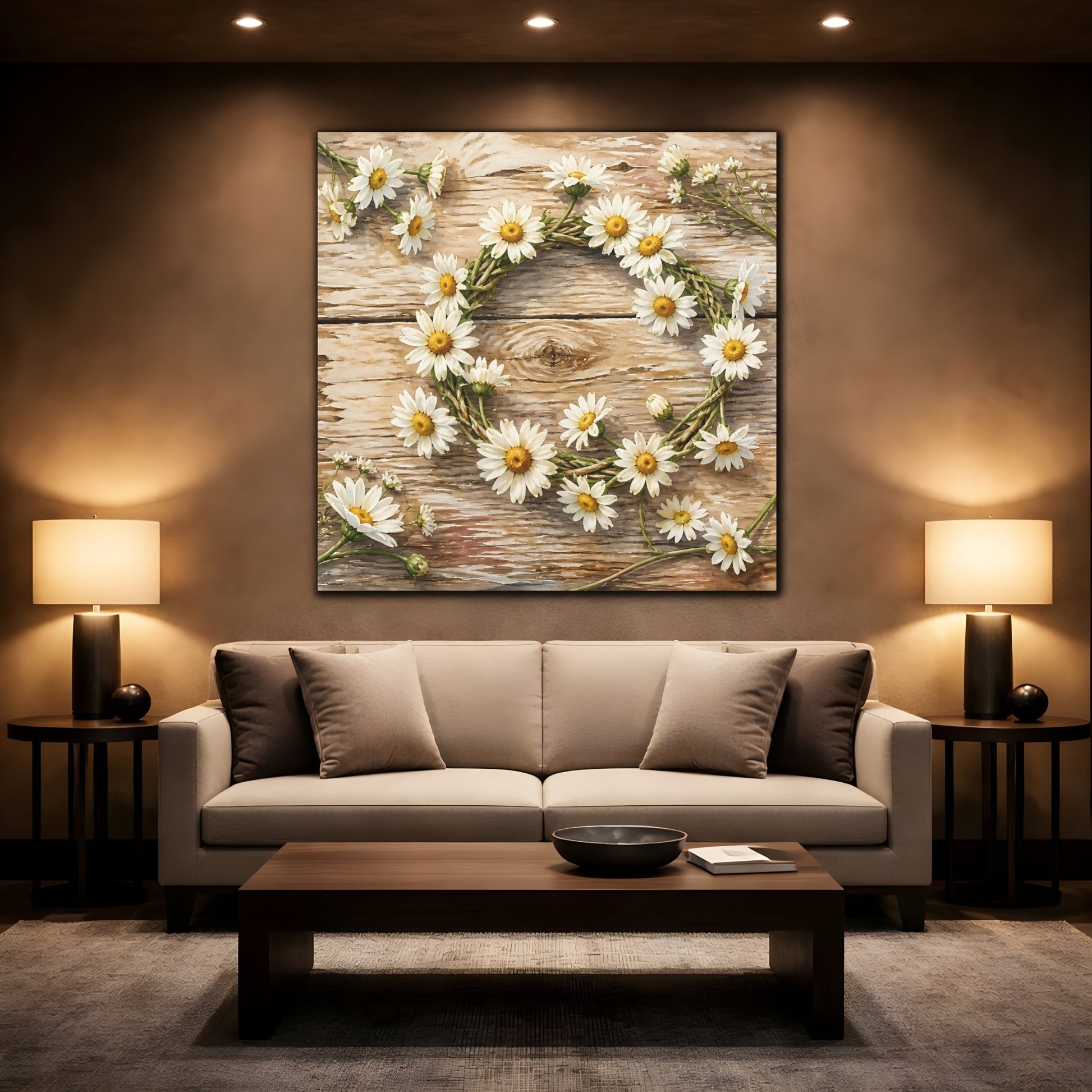 Mockup 2. Floral Daisy Wreath Rustic Floral shown as stretched canvas wall art