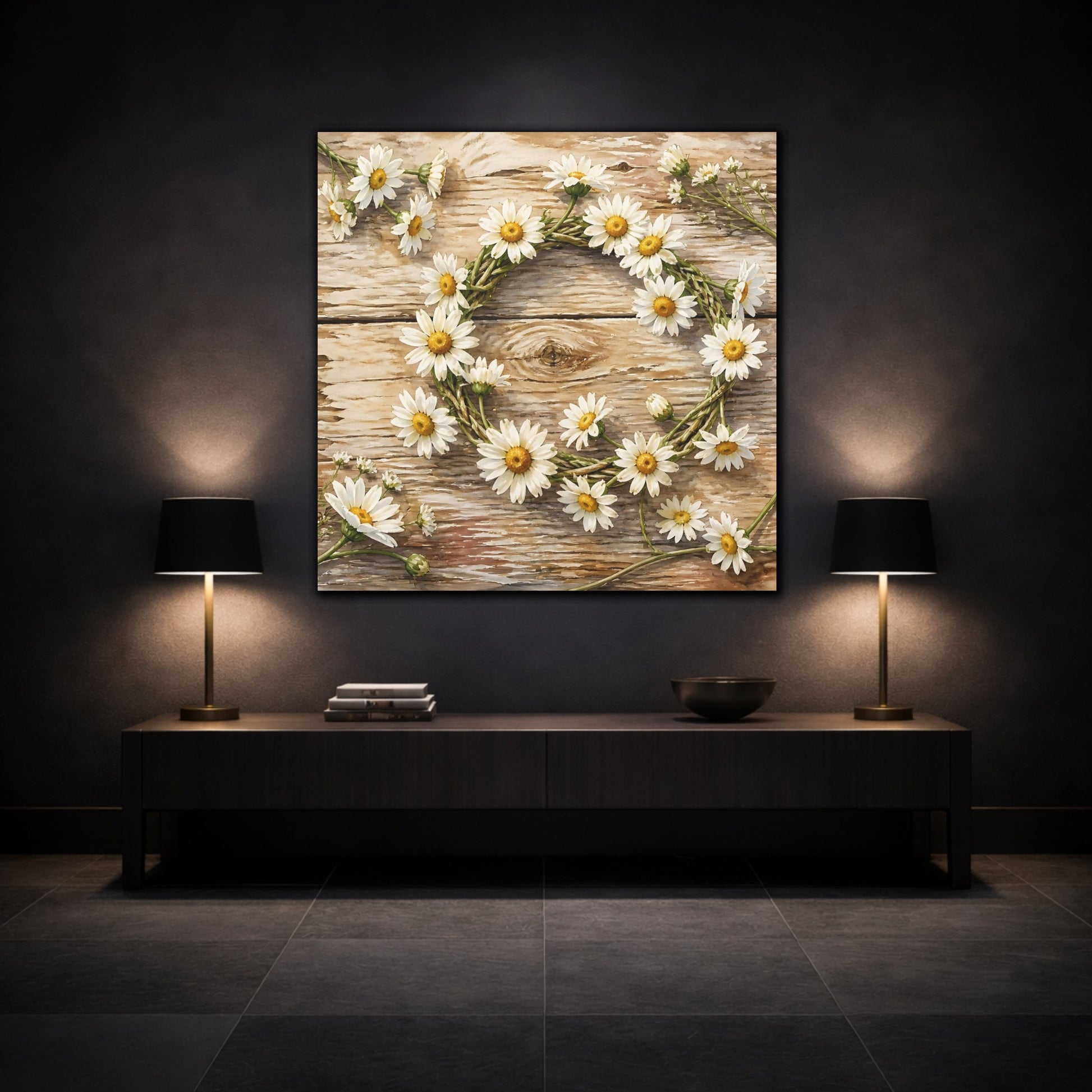 Mockup 3. Floral Daisy Wreath Rustic Floral shown as stretched canvas wall art