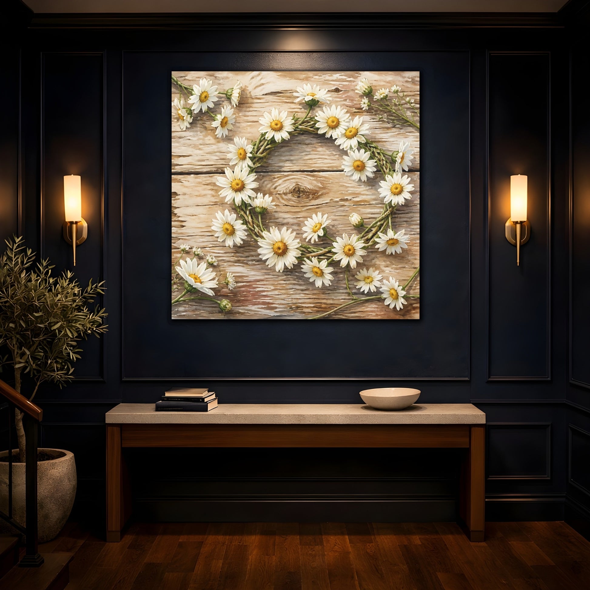 Mockup 4. Floral Daisy Wreath Rustic Floral shown as stretched canvas wall art