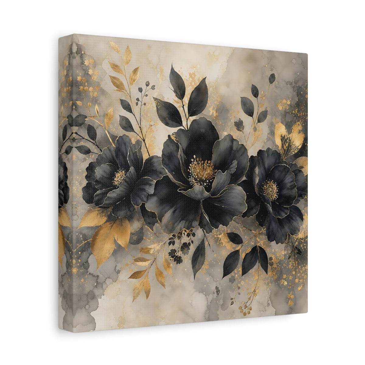 Side Mockup 9. Floral Dark Flowers Black Gold Floral shown as stretched canvas wall art