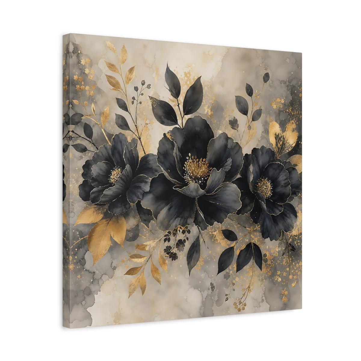Side Mockup 5. Floral Dark Flowers Black Gold Floral shown as stretched canvas wall art