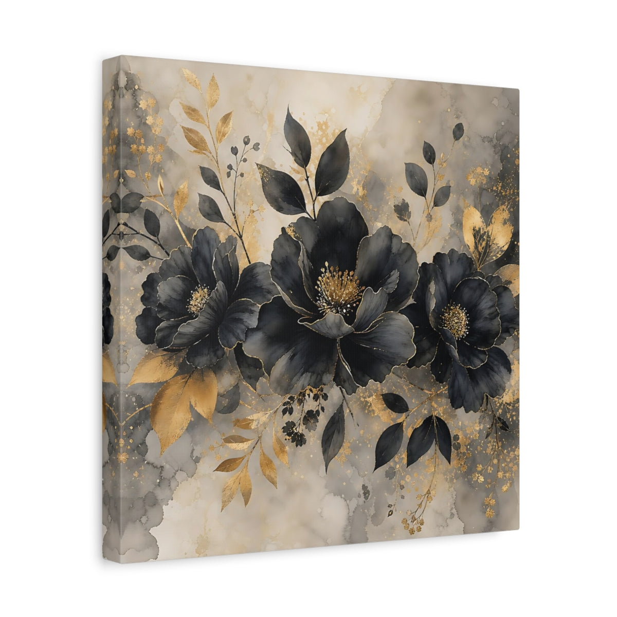Side Mockup 7. Floral Dark Flowers Black Gold Floral shown as stretched canvas wall art