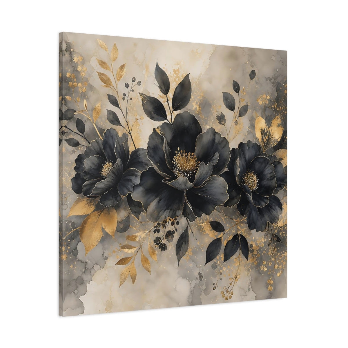 Side Mockup 1. Floral Dark Flowers Black Gold Floral shown as stretched canvas wall art
