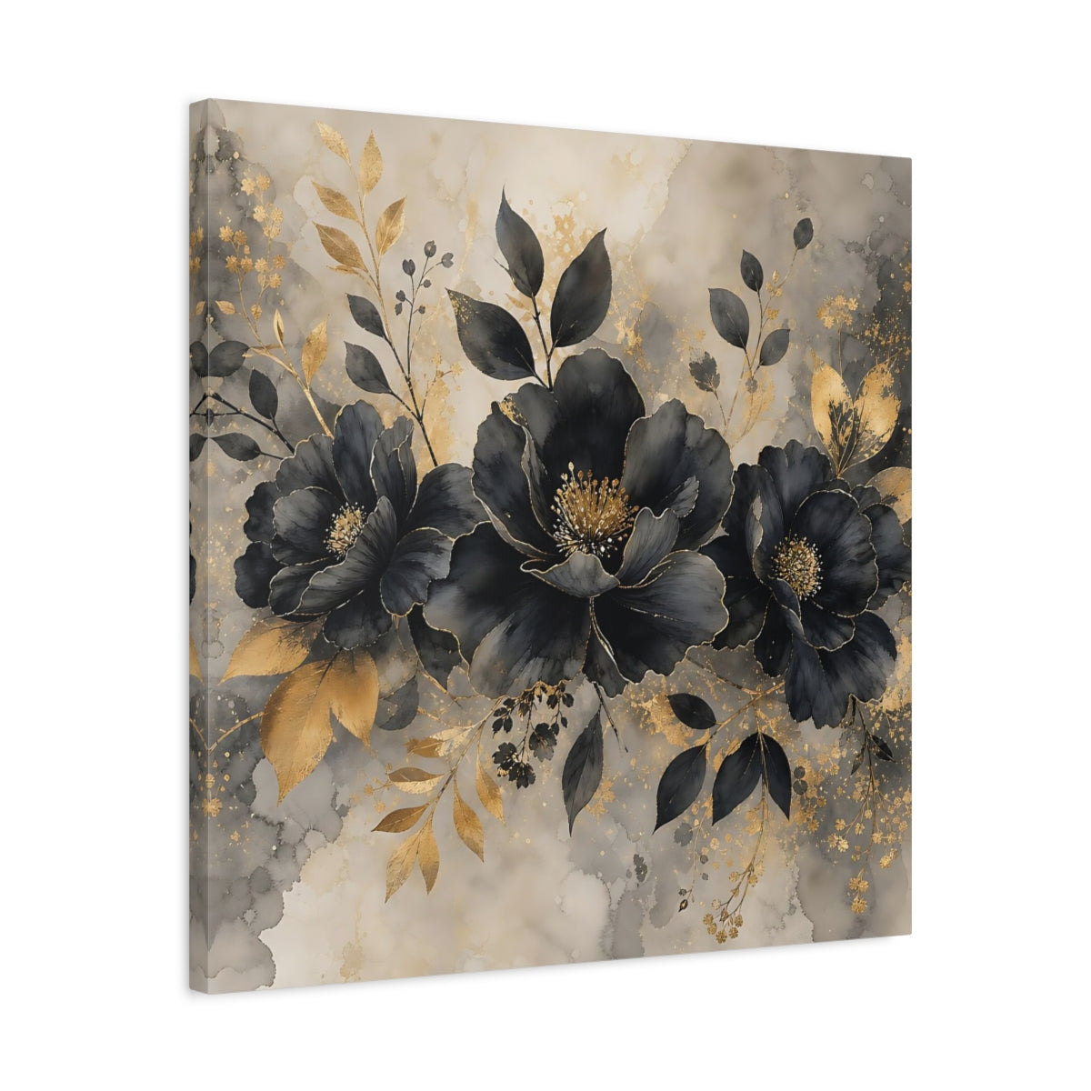 Side Mockup 4. Floral Dark Flowers Black Gold Floral shown as stretched canvas wall art