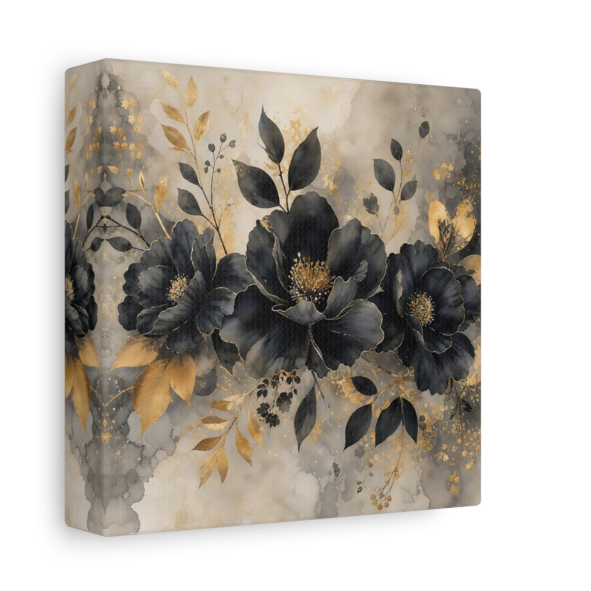 Side Mockup 2. Floral Dark Flowers Black Gold Floral shown as stretched canvas wall art