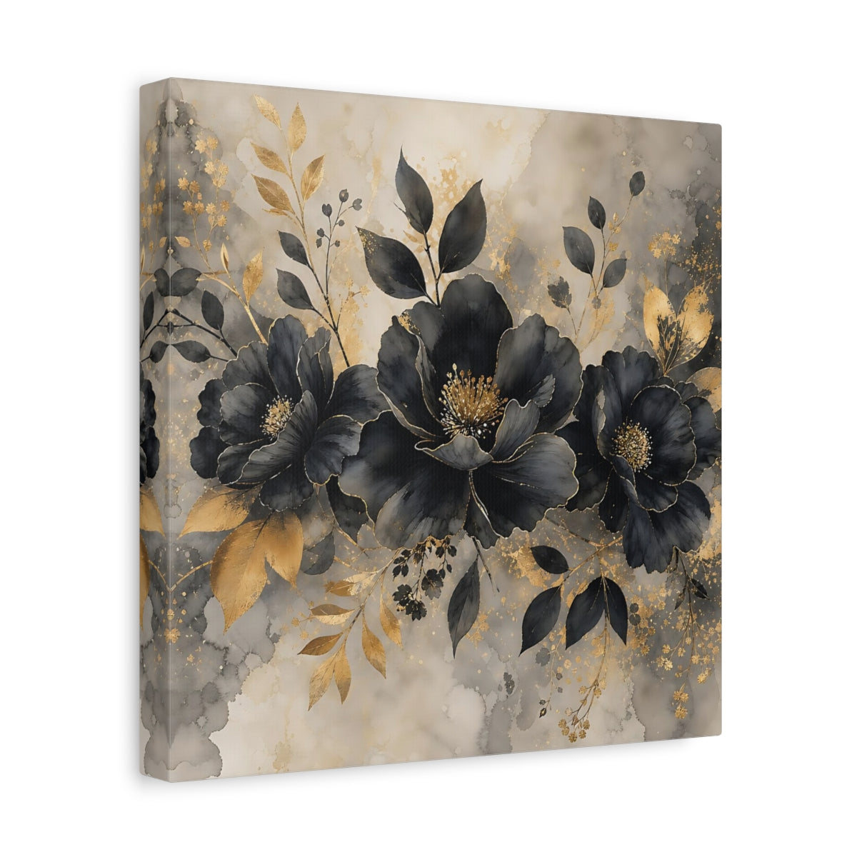 Side Mockup 8. Floral Dark Flowers Black Gold Floral shown as stretched canvas wall art