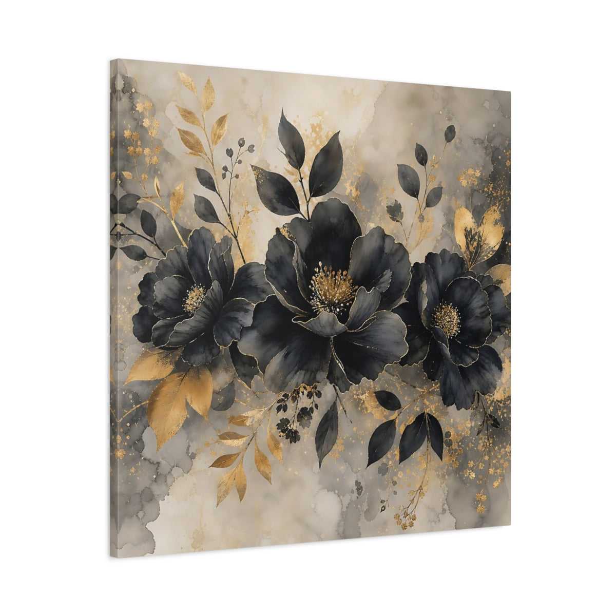 Main Mockup. Floral Dark Flowers Black Gold Floral shown as stretched canvas wall art