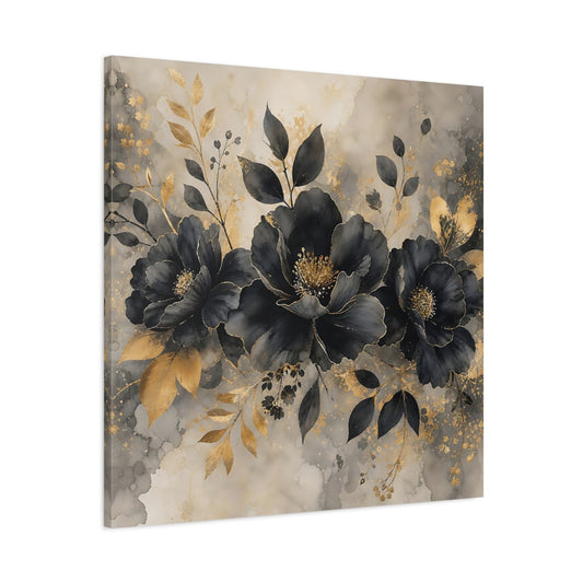 Main Mockup. Floral Dark Flowers Black Gold Floral shown as stretched canvas wall art
