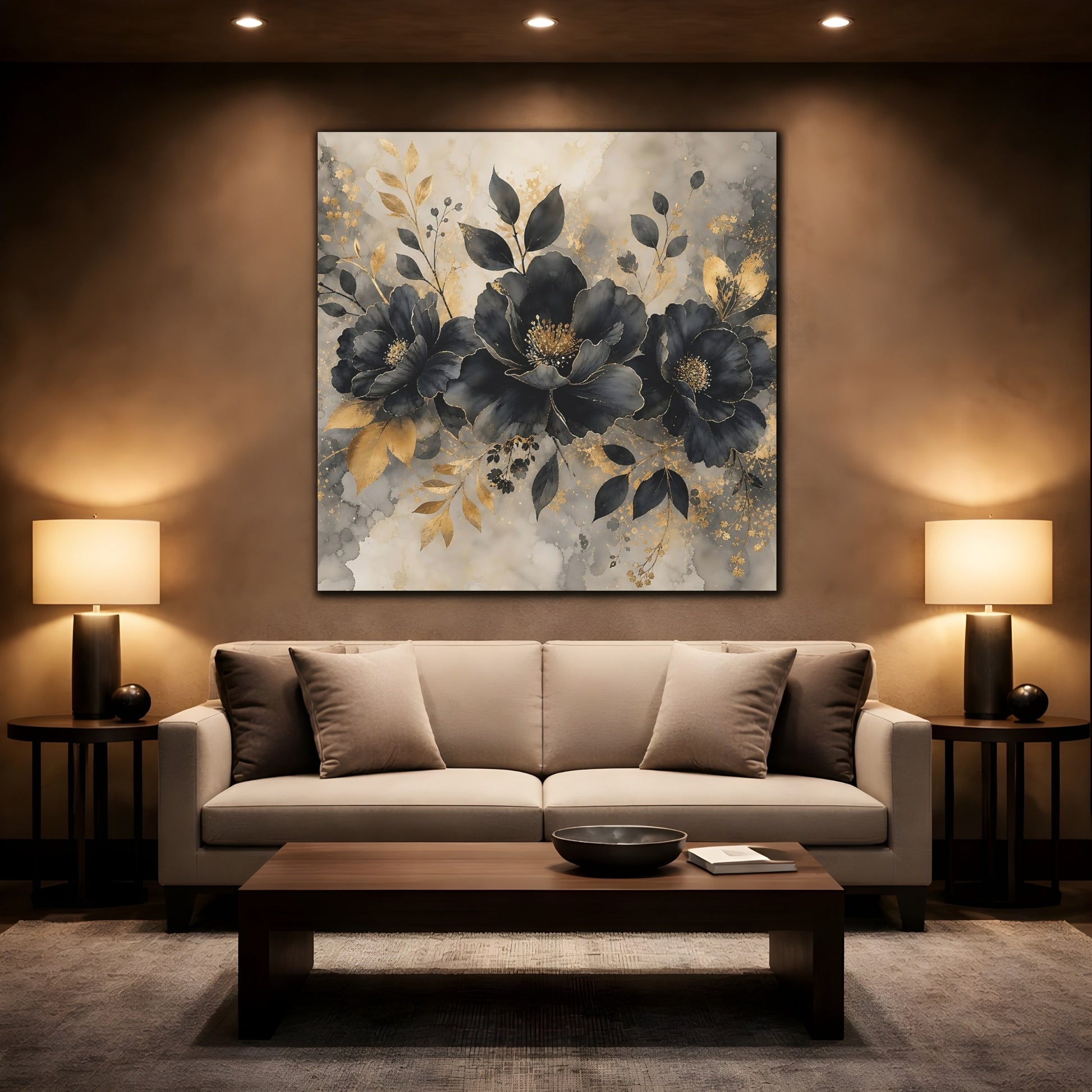 Mockup 2. Floral Dark Flowers Black Gold Floral shown as stretched canvas wall art