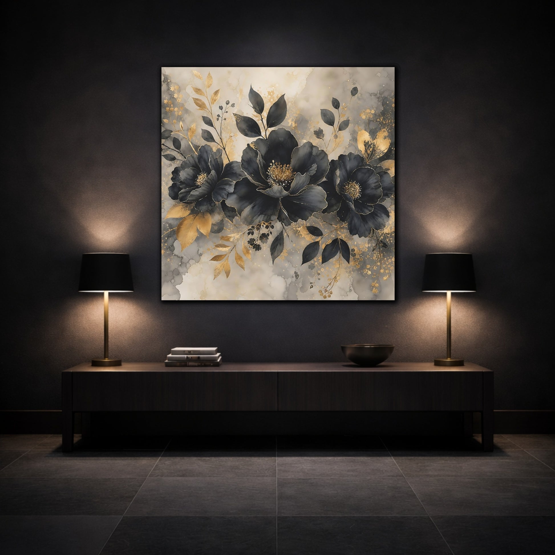 Mockup 3. Floral Dark Flowers Black Gold Floral shown as stretched canvas wall art
