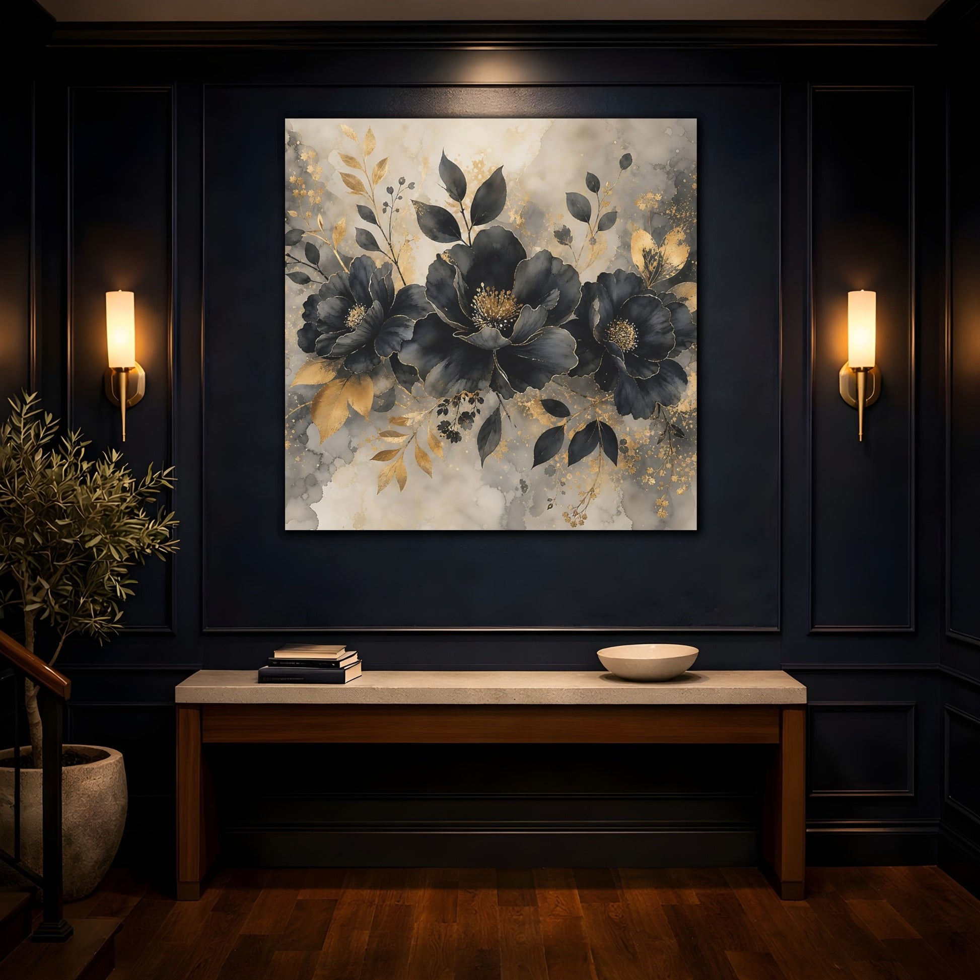 Mockup 4. Floral Dark Flowers Black Gold Floral shown as stretched canvas wall art