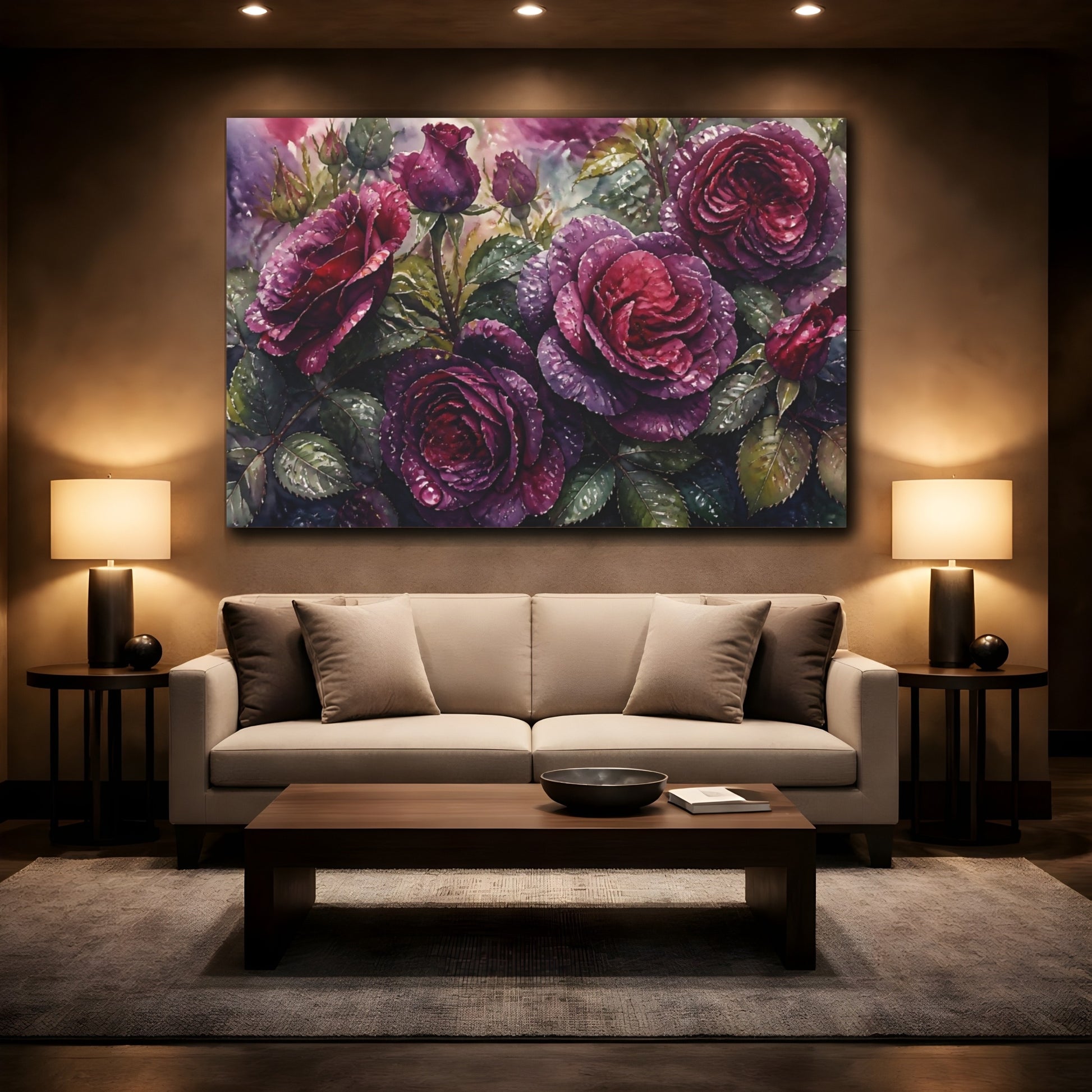 Mockup 2. Floral Dark Purple Roses shown as canvas print
