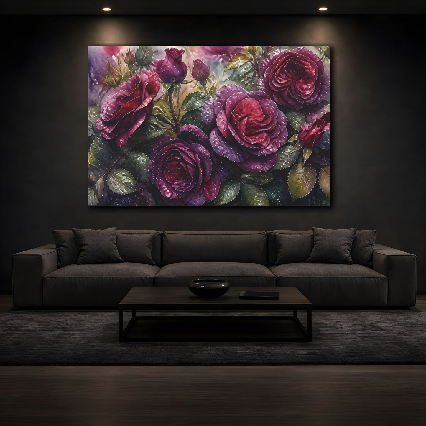 Mockup 3. Floral Dark Purple Roses shown as canvas print