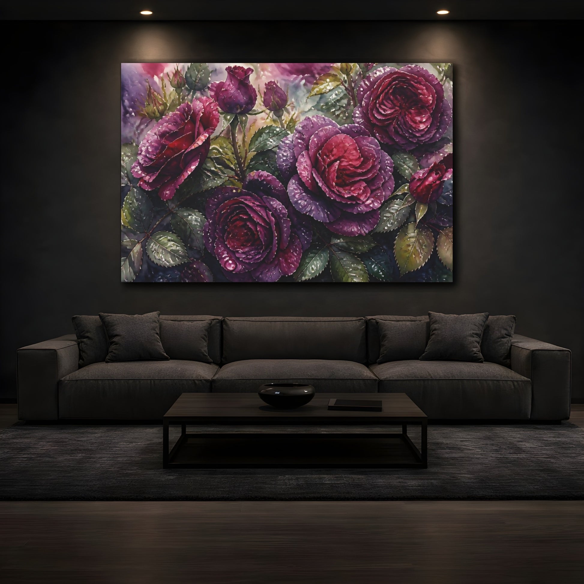 Mockup 3. Floral Dark Purple Roses shown as canvas print