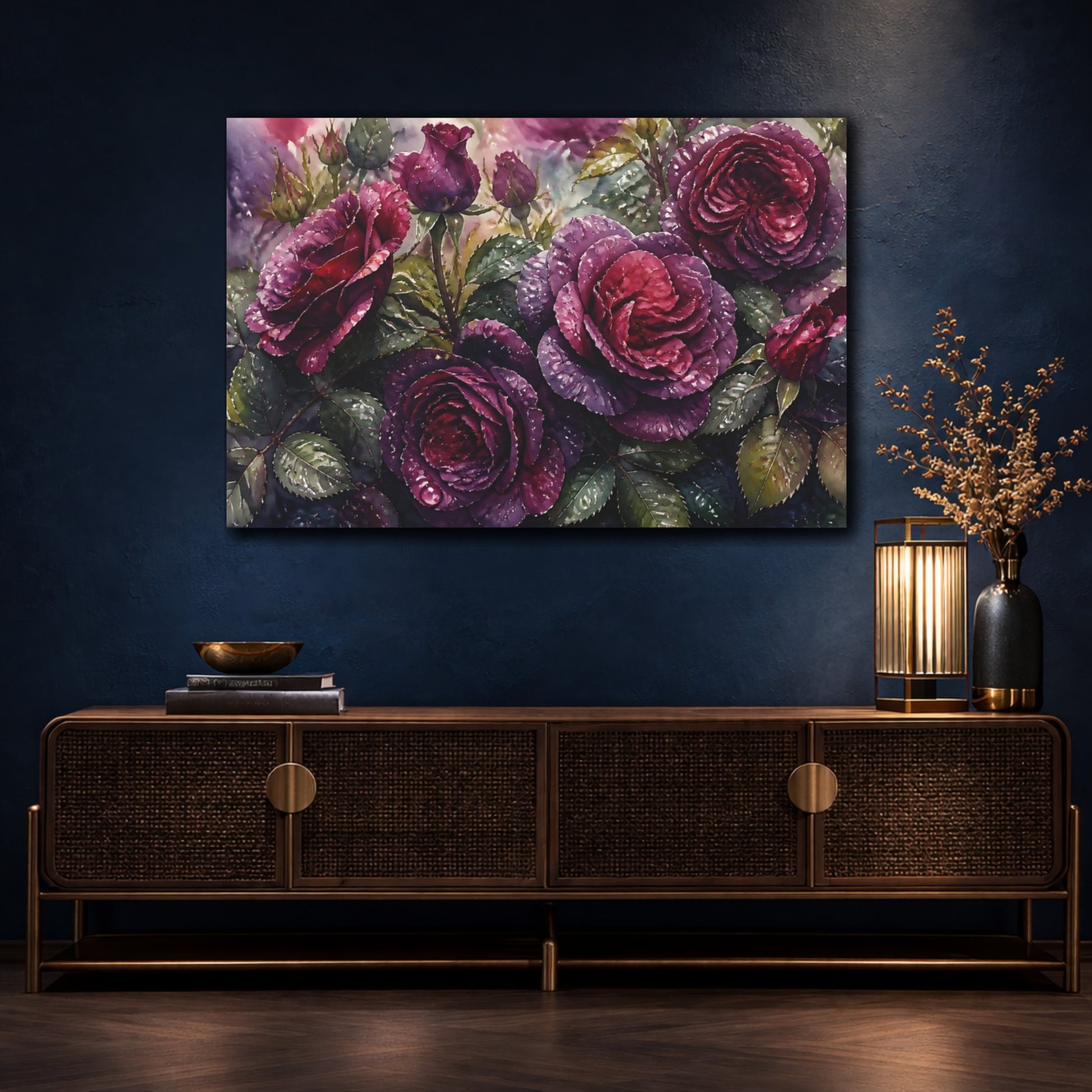 Mockup 4. Floral Dark Purple Roses shown as canvas print