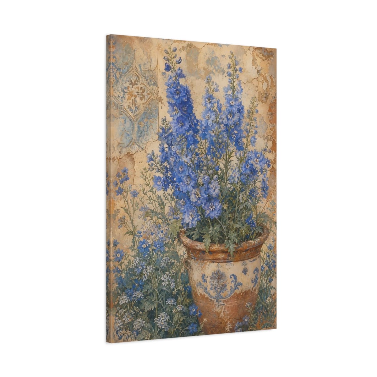 Floral Delphinium Flowers Blue And Brown Canvas Print Wall Art – Living Room Decor, Above Fireplace - YesArtYes