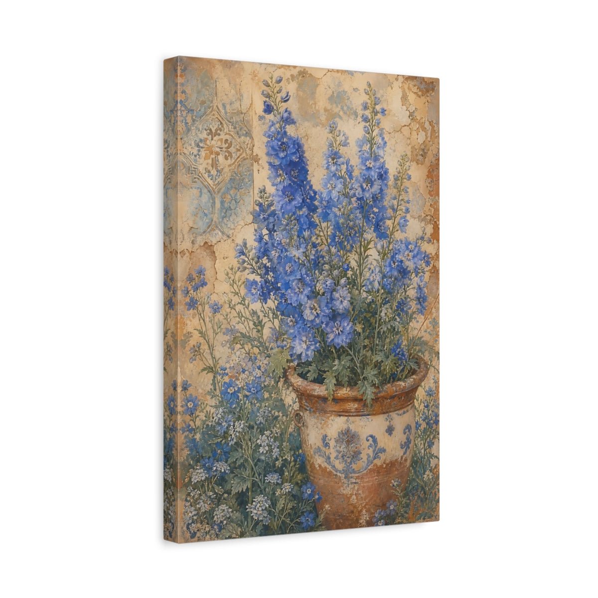 Floral Delphinium Flowers Blue And Brown Canvas Print Wall Art – Living Room Decor, Above Fireplace - YesArtYes