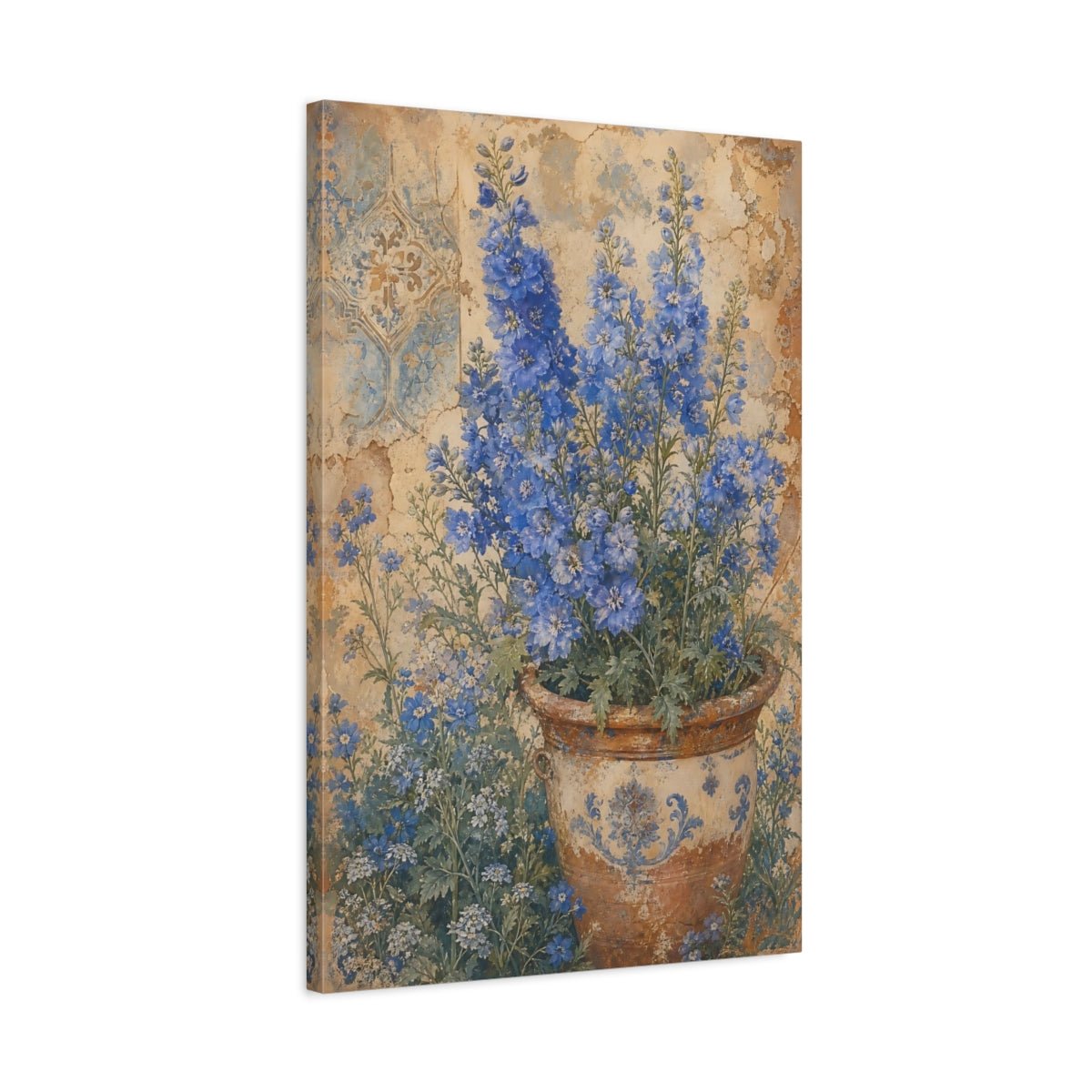 Floral Delphinium Flowers Blue And Brown Canvas Print Wall Art – Living Room Decor, Above Fireplace - YesArtYes