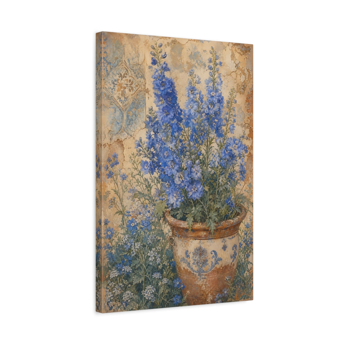 Side Mockup 3. Floral Delphinium Flowers Blue And Brown Floral shown as canvas print