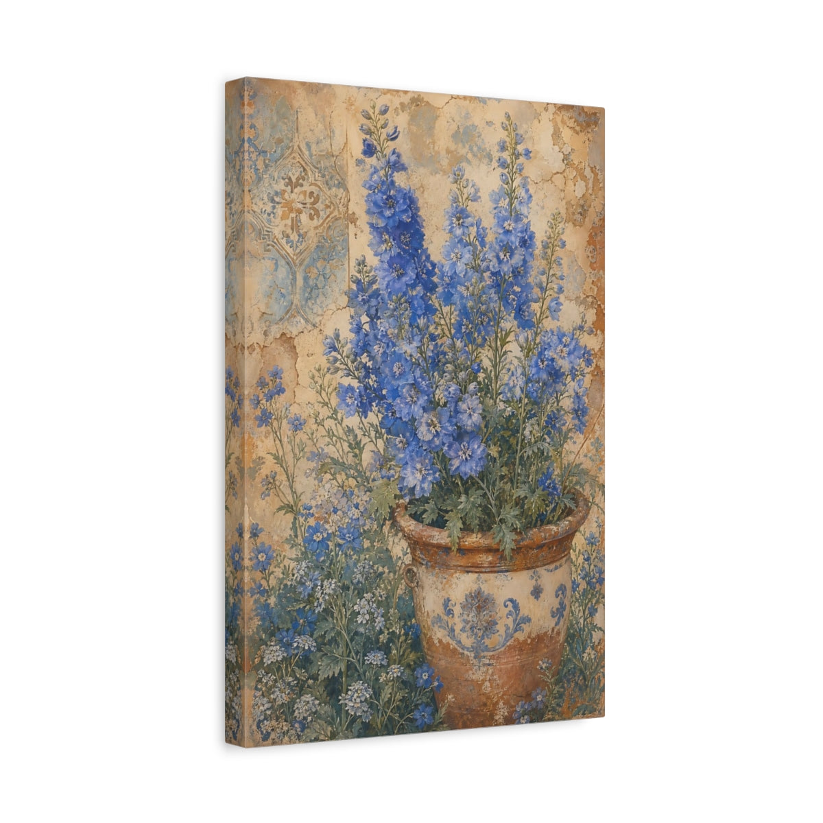 Side Mockup 4. Floral Delphinium Flowers Blue And Brown Floral shown as canvas print