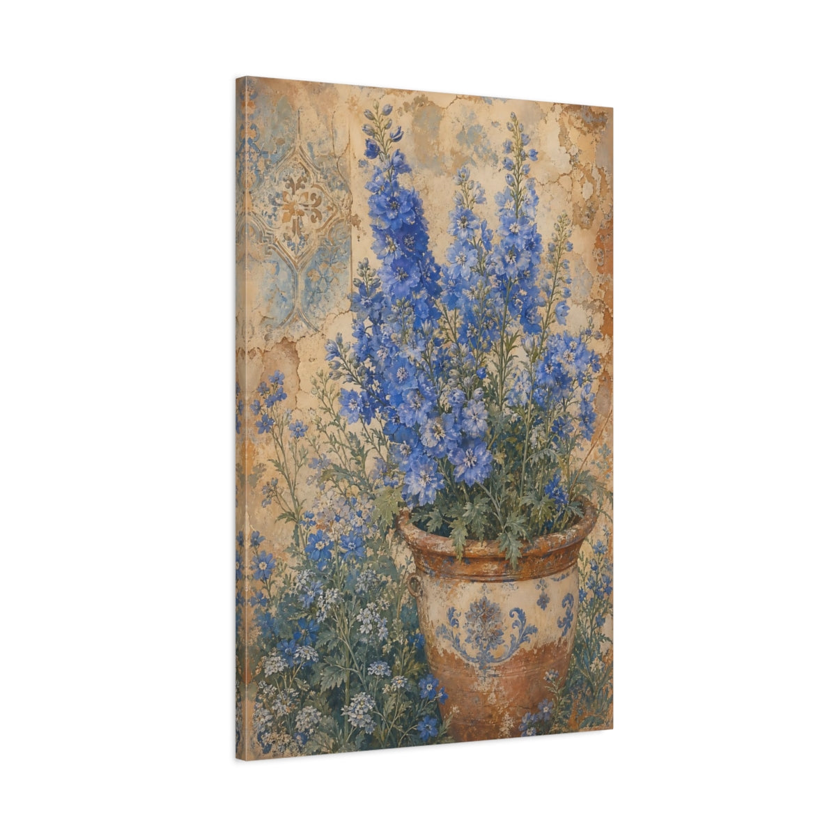 Main Mockup. Floral Delphinium Flowers Blue And Brown Floral shown as canvas print