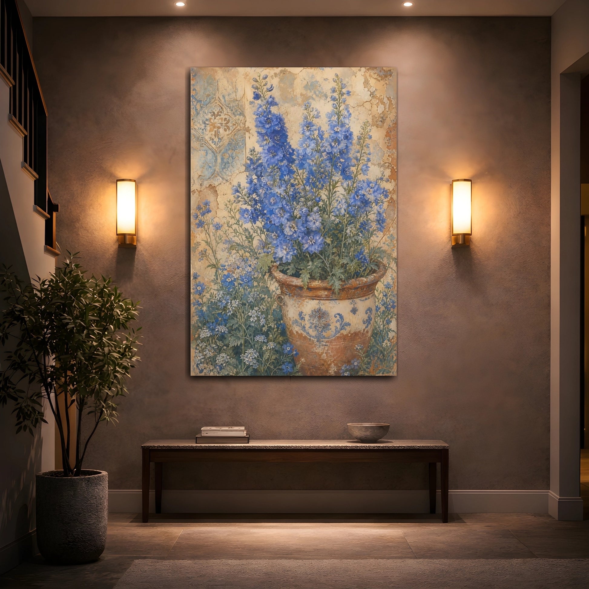 Mockup 2. Floral Delphinium Flowers Blue And Brown Floral shown as canvas print