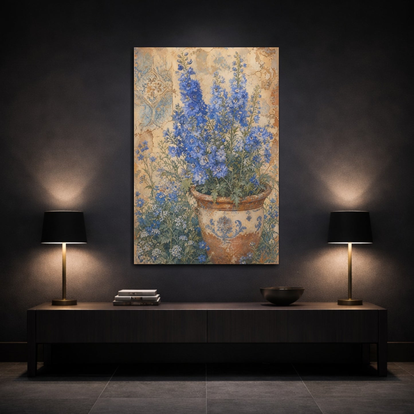 Mockup 3. Floral Delphinium Flowers Blue And Brown Floral shown as canvas print