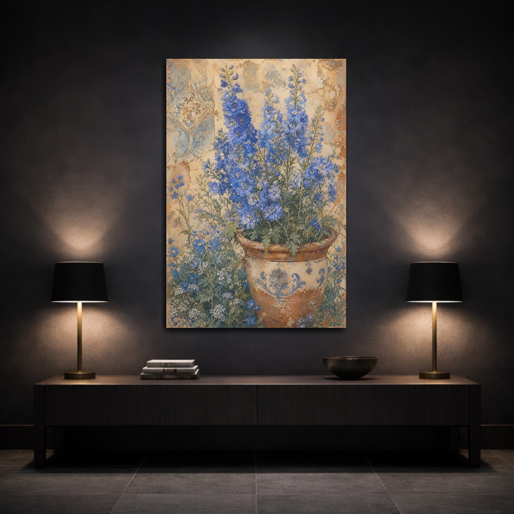 Mockup 3. Floral Delphinium Flowers Blue And Brown Floral shown as canvas print