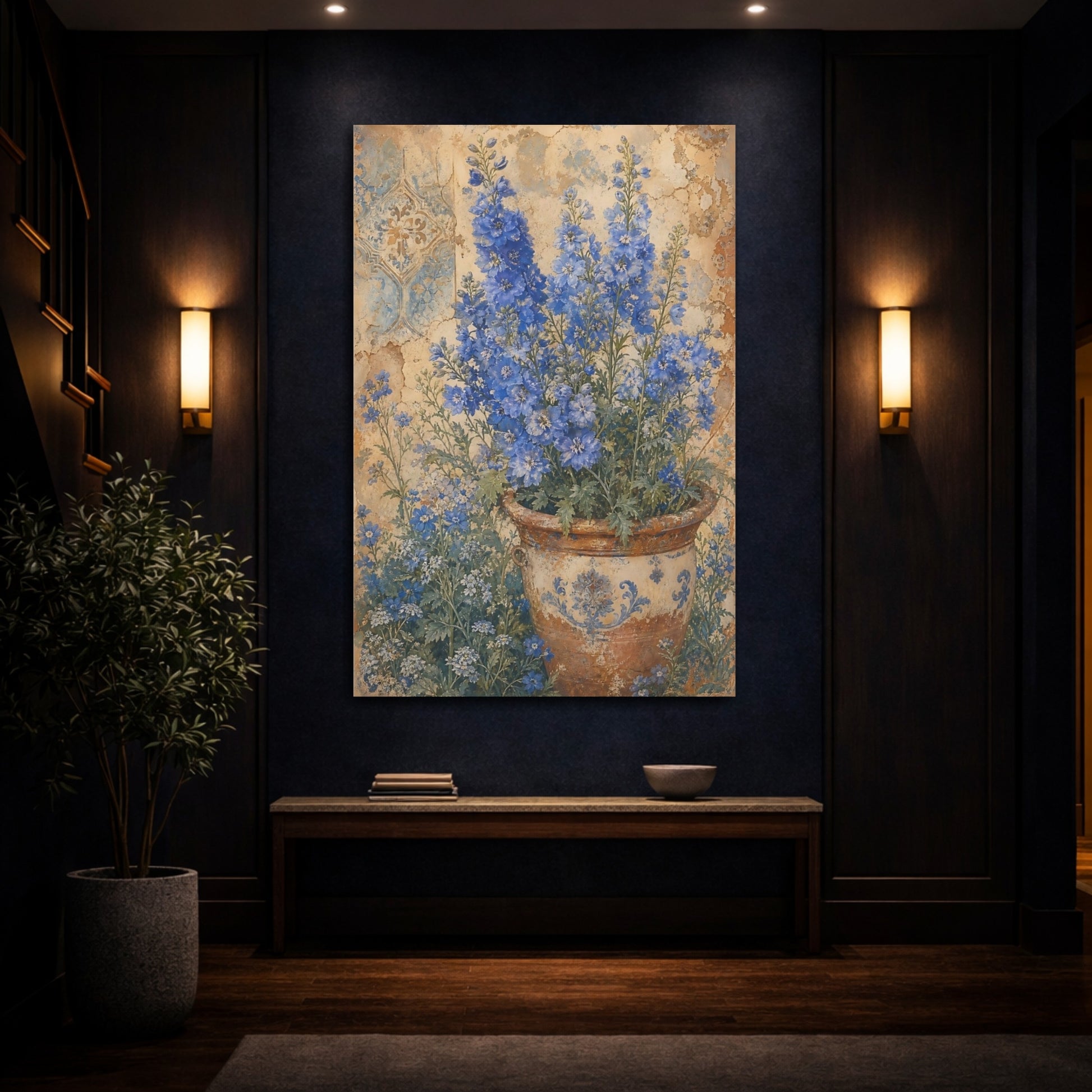 Mockup 4. Floral Delphinium Flowers Blue And Brown Floral shown as canvas print