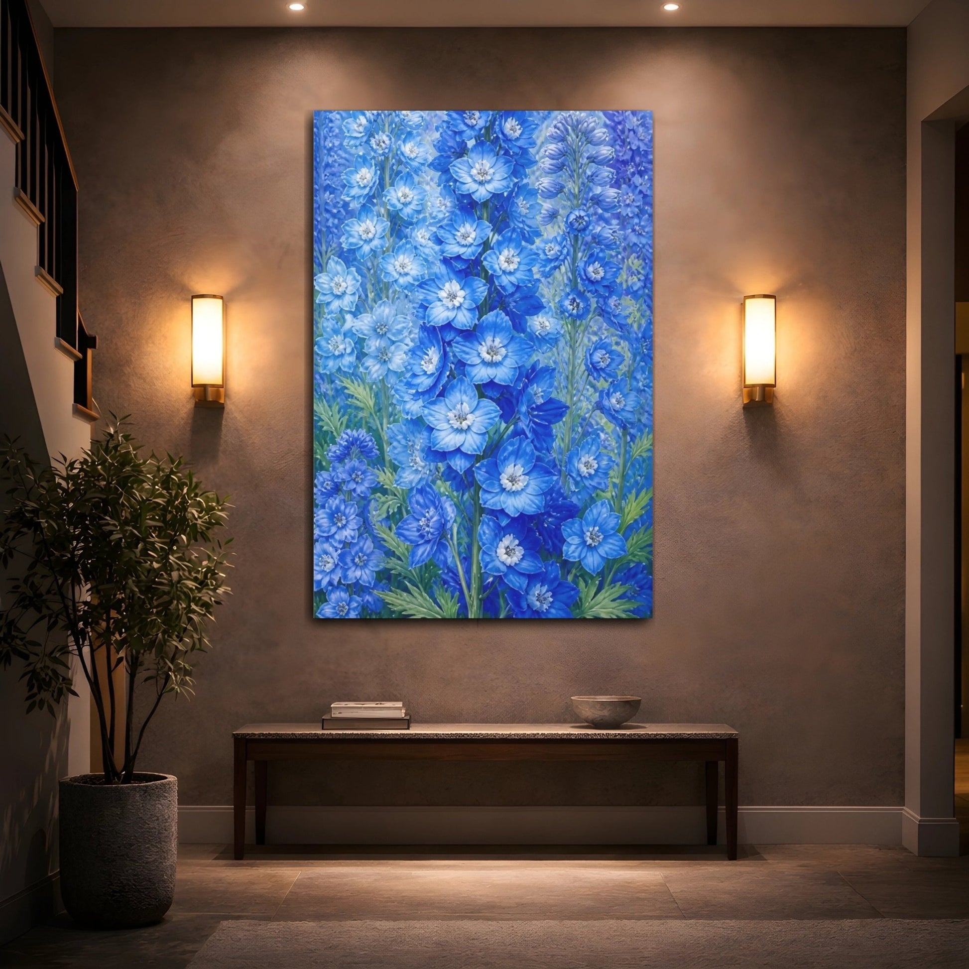 Floral Delphinium Flowers Blue Canvas Print Wall Art – Botanical Living Room, Above Couch - YesArtYes